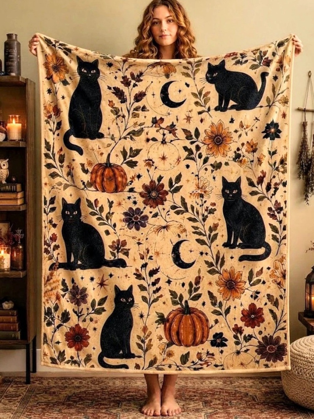 Black Cat Pumpkin Floral Autumn Fall Season Cozy Plush Blanket